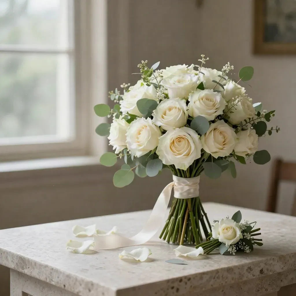 Sage and ivory bridal bouquet with ribbon, boutonniere and stem bundles on travertine.