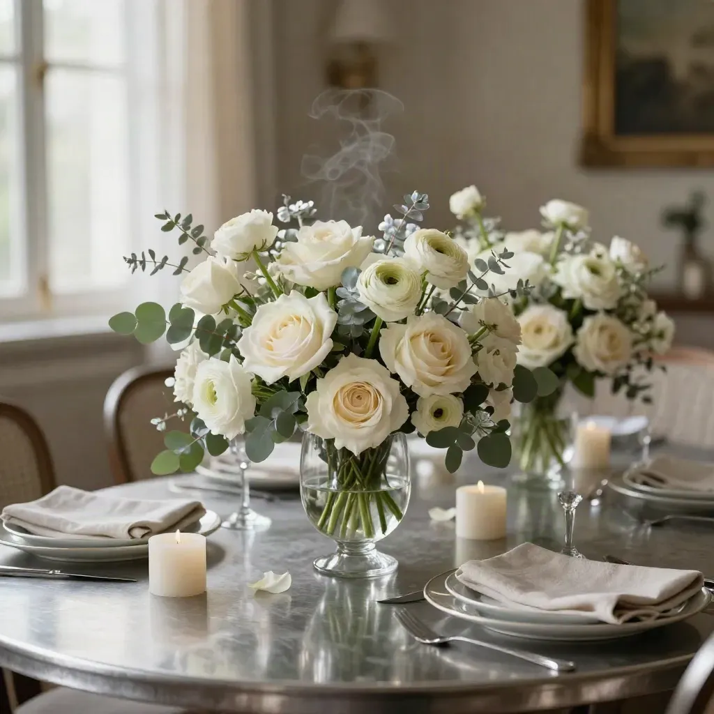 Ivory and sage table centrepieces with glass vessels, napkins and candle stubs on pewter.