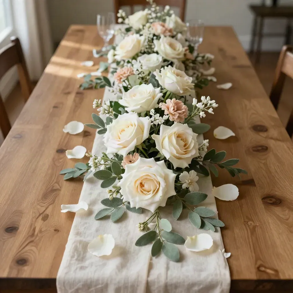 Overhead flower runner of ivory, sage and blush blooms stretched along a warm oak banquet table.
