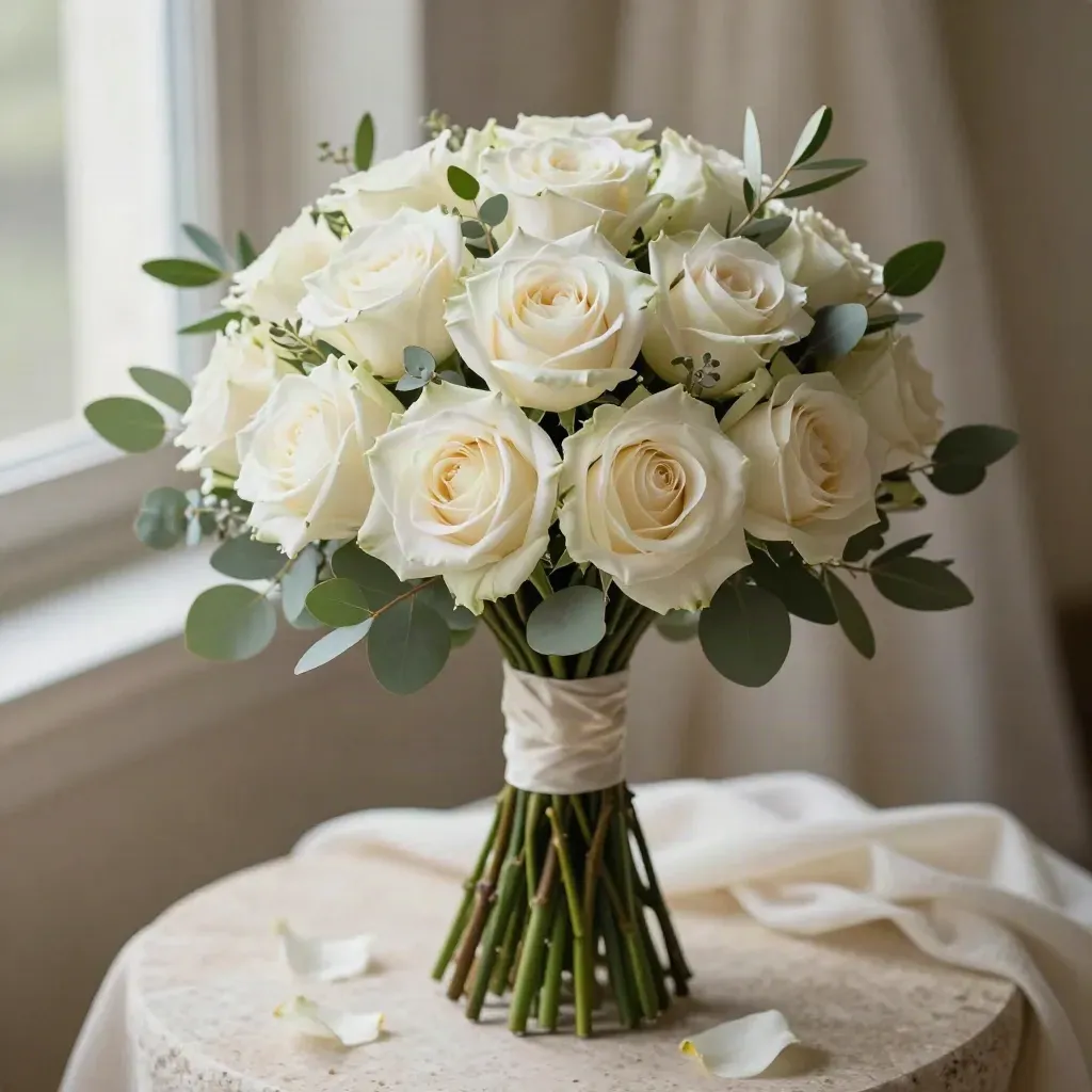 Ivory bridal bouquet with sage foliage on pale travertine, softly lit in studio