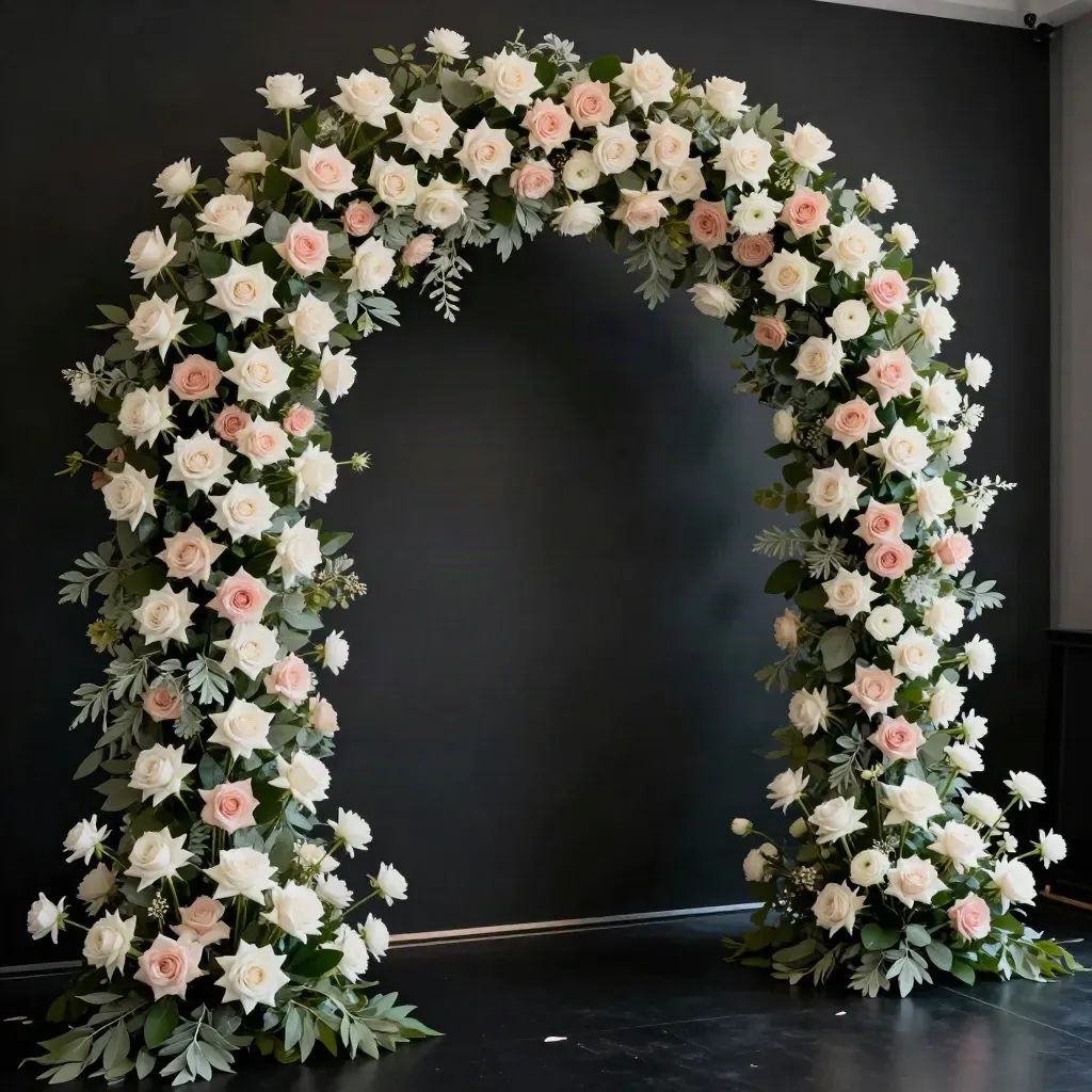Completed ceremony arch florals with ivory roses, blush blooms and sage vines on a dark studio floor.