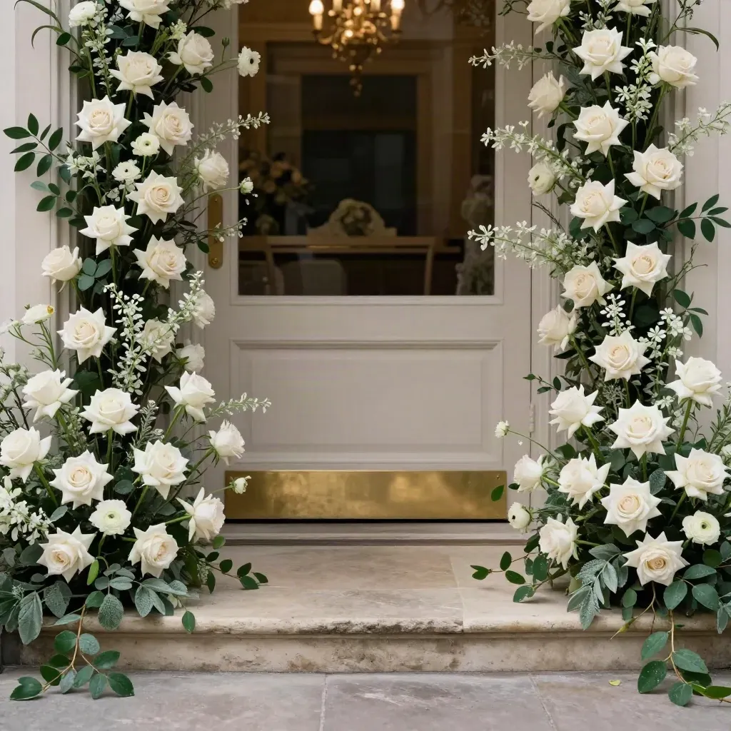 Symmetrical doorway florals with pale roses, trailing sage greenery, and a stone threshold.