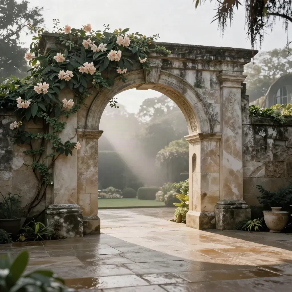 Stone ceremony arch in a misty courtyard with wet paving and sage vines